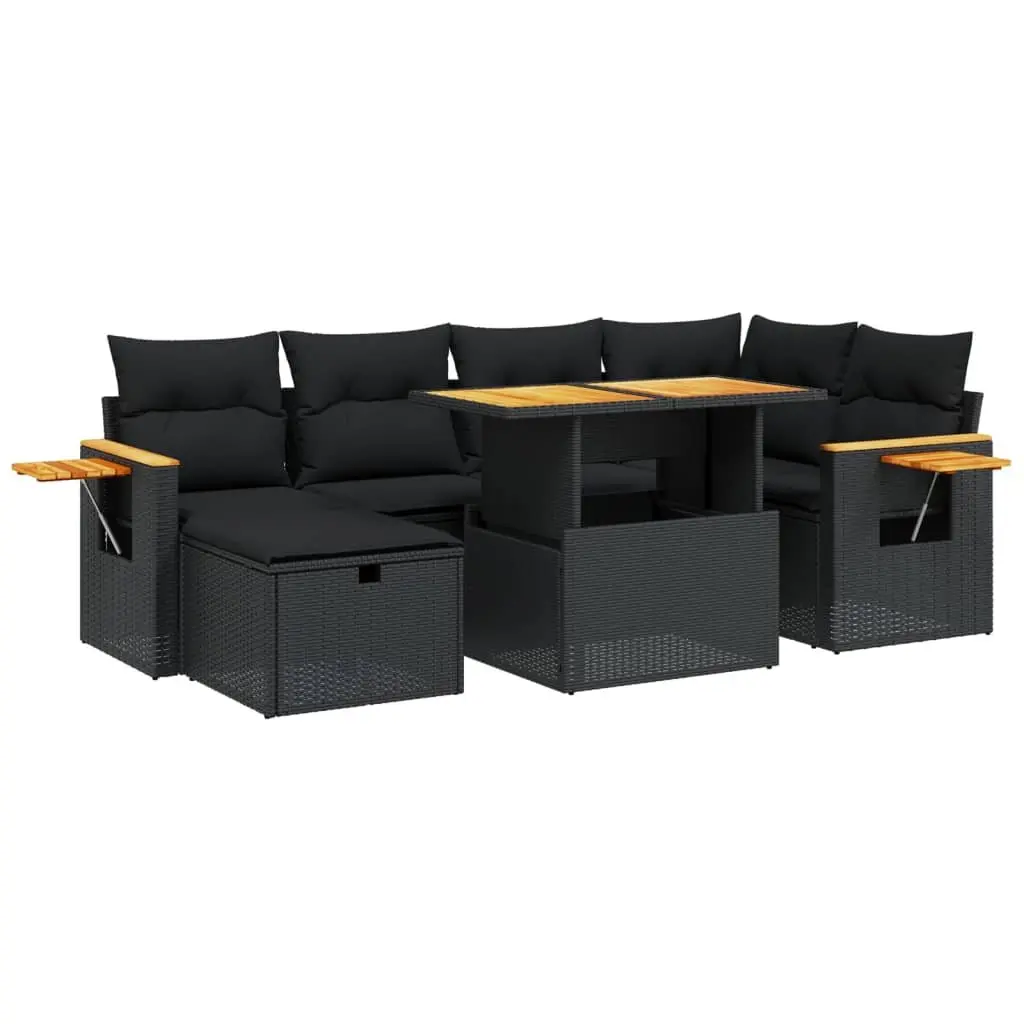 7 Piece Modular Outdoor Sofa Set Black Rattan Furniture with Cushions Adjustable Tabletop and Foldable Side Table
