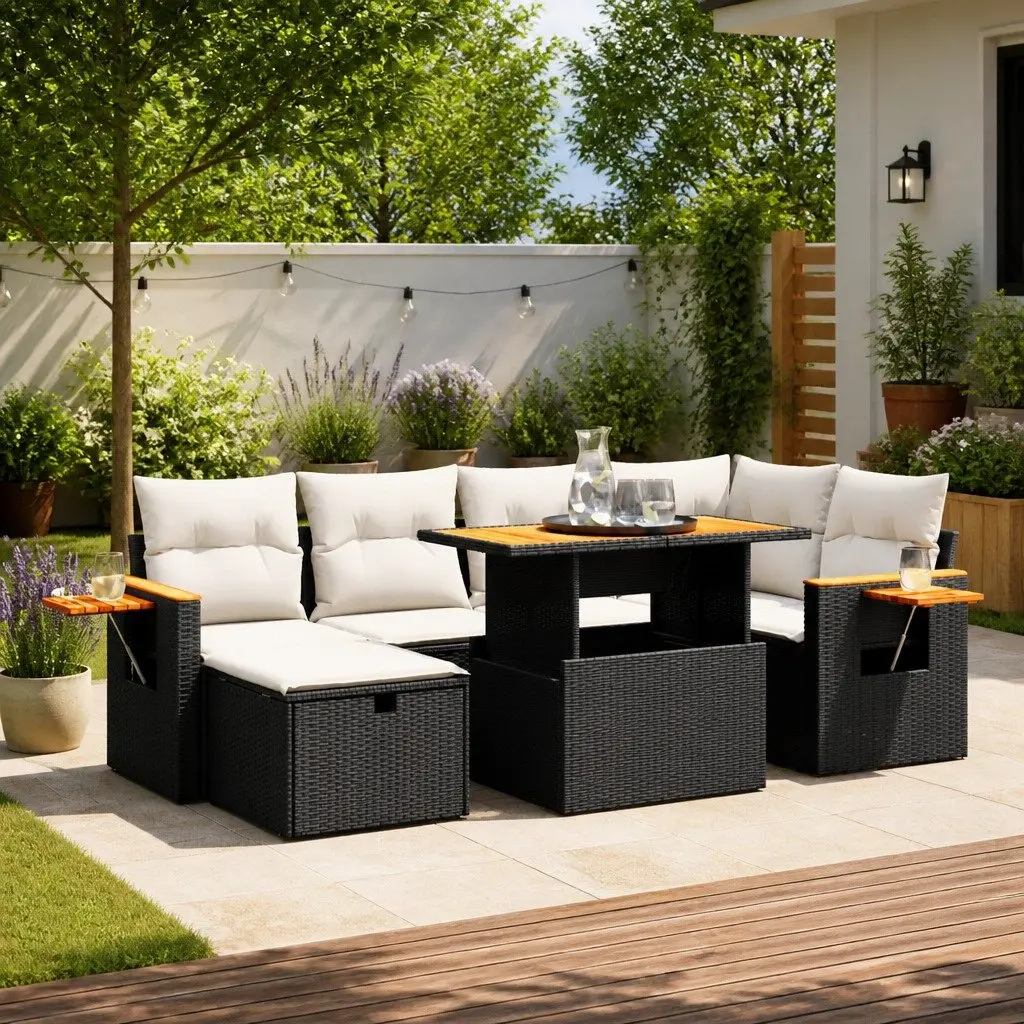7 Piece Garden Sofa Set Black PE Rattan Cushions Adjustable Tabletop Foldable Side Table Removable Covers