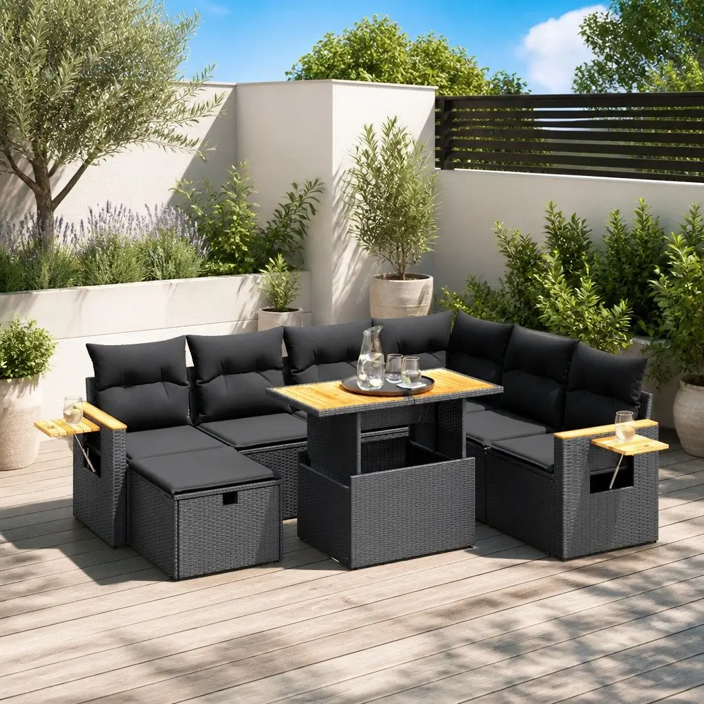 Garden Sofa Set Black 8 Piece Modular Outdoor Furniture with Adjustable Tabletop and Foldable Side Table