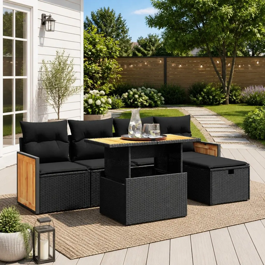 Garden Sofa Set Black 6 Piece Modular Outdoor Furniture with Cushions