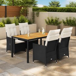 5 Piece Garden Dining Set with Cushions Black Poly Rattan Outdoor Furniture