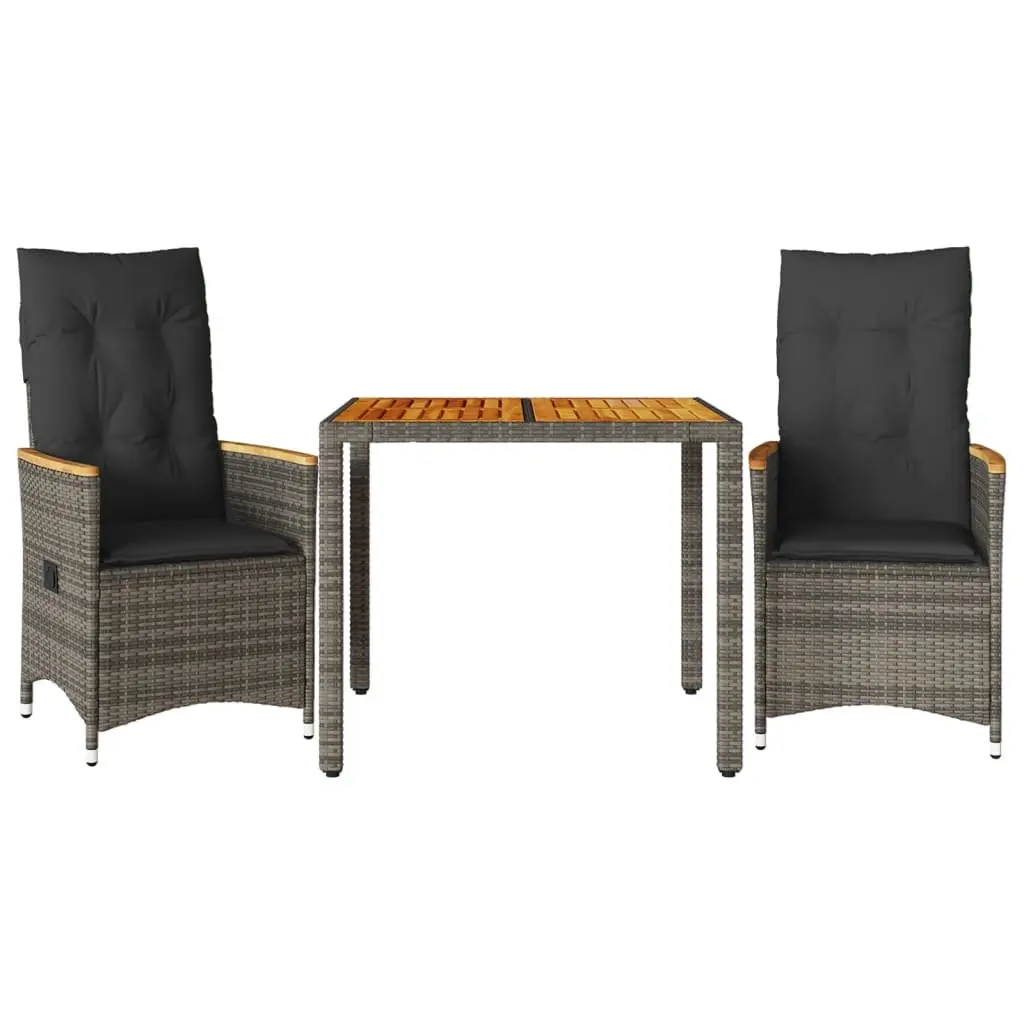 3 Piece Bistro Set Grey PE Rattan Garden Furniture Outdoor Patio with Cushions