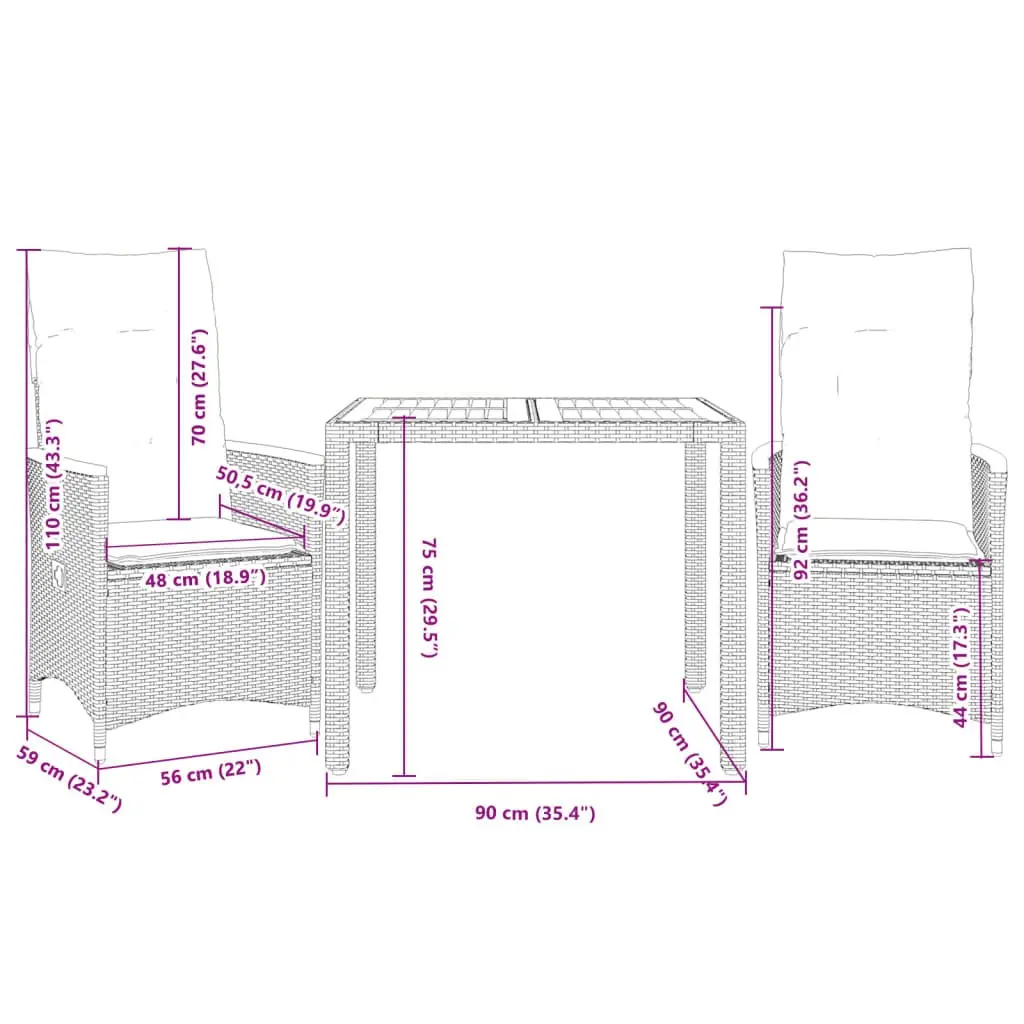 3 Piece Bistro Set Grey PE Rattan Garden Furniture Outdoor Patio with Cushions