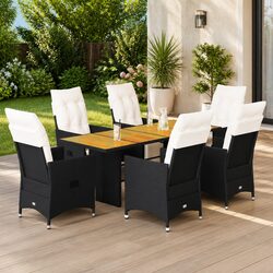 7 Piece Garden Dining Set Black Poly Rattan Outdoor Furniture with Cushions