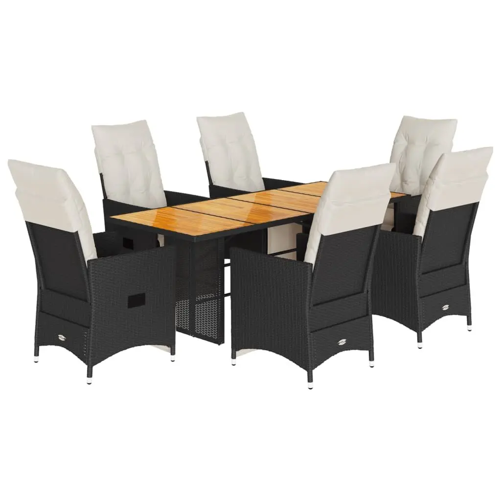 7 Piece Garden Dining Set Black PE Poly Rattan with Cushions Adjustable Backrest and Footrest