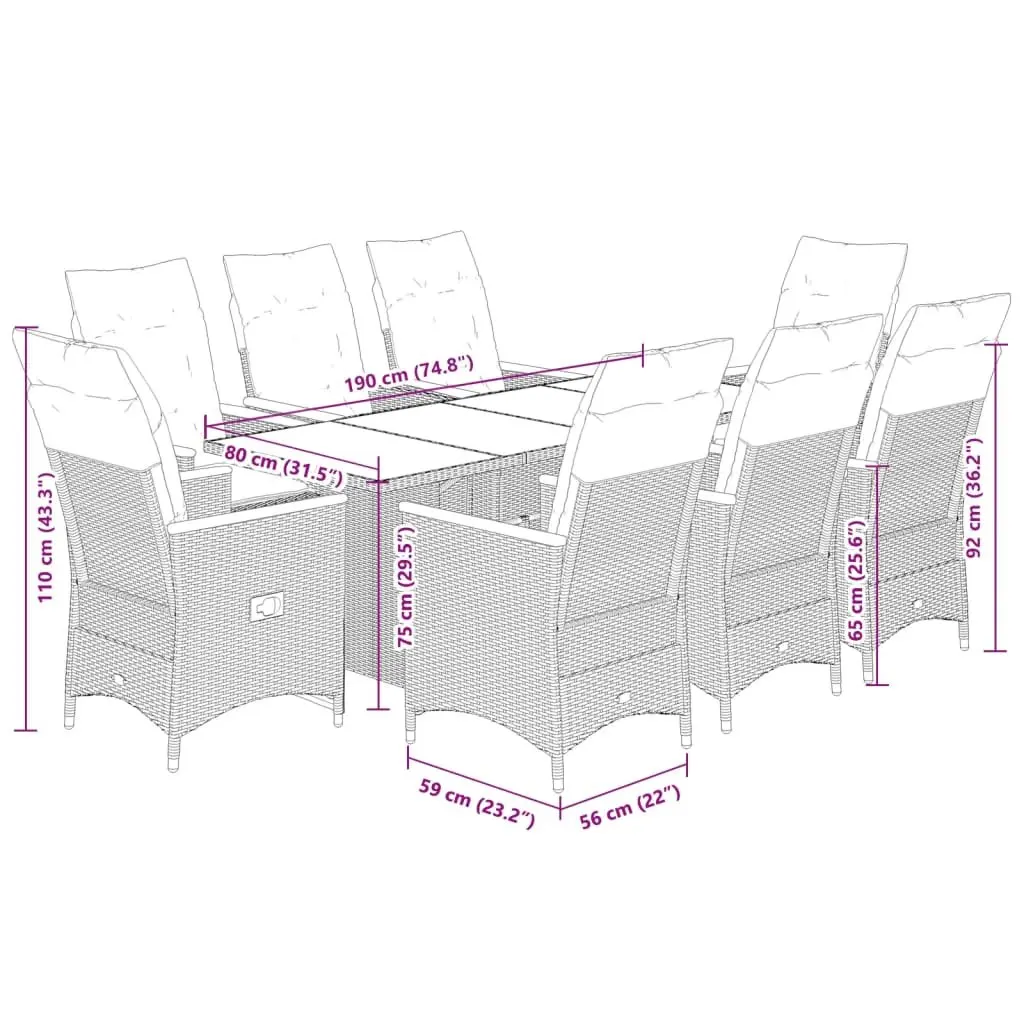 7 Piece Garden Dining Set Black PE Poly Rattan with Cushions Adjustable Backrest and Footrest