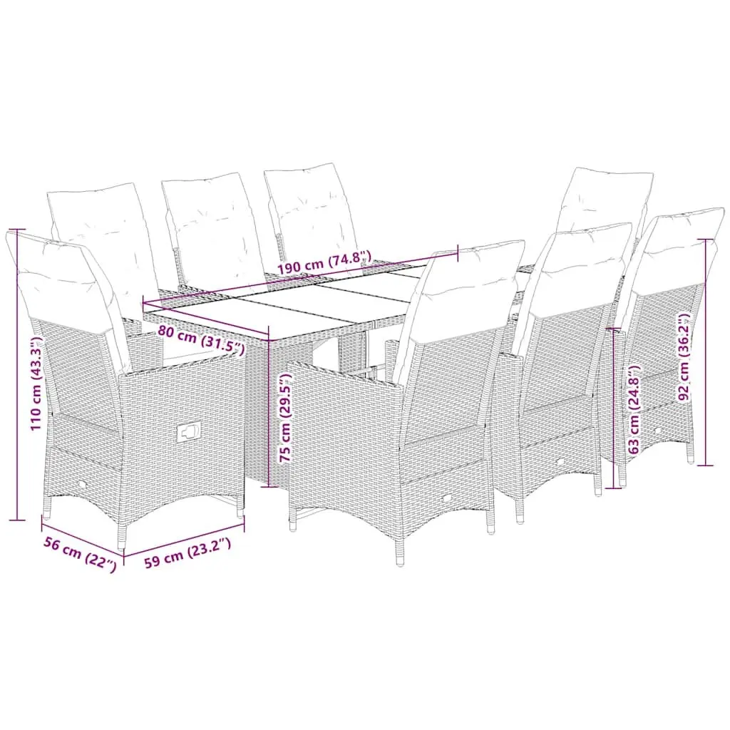 Garden Dining Set 9 Piece Outdoor Furniture Poly Rattan Patio Chairs Table