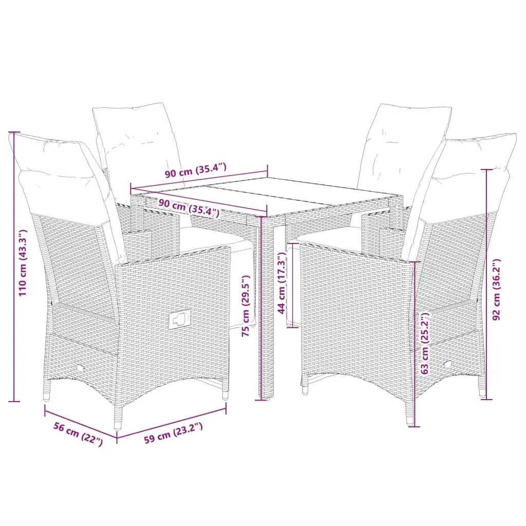 Garden Dining Set Black 5 Piece Outdoor Furniture Rattan Chairs Table Cushions