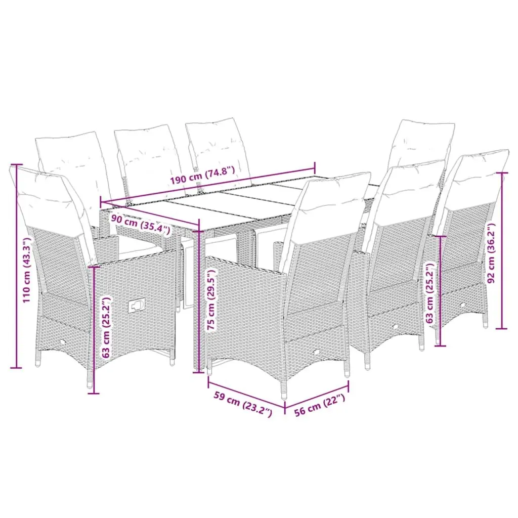 Garden Dining Set 9 Piece Outdoor Furniture Poly Rattan Table Chairs Cushions