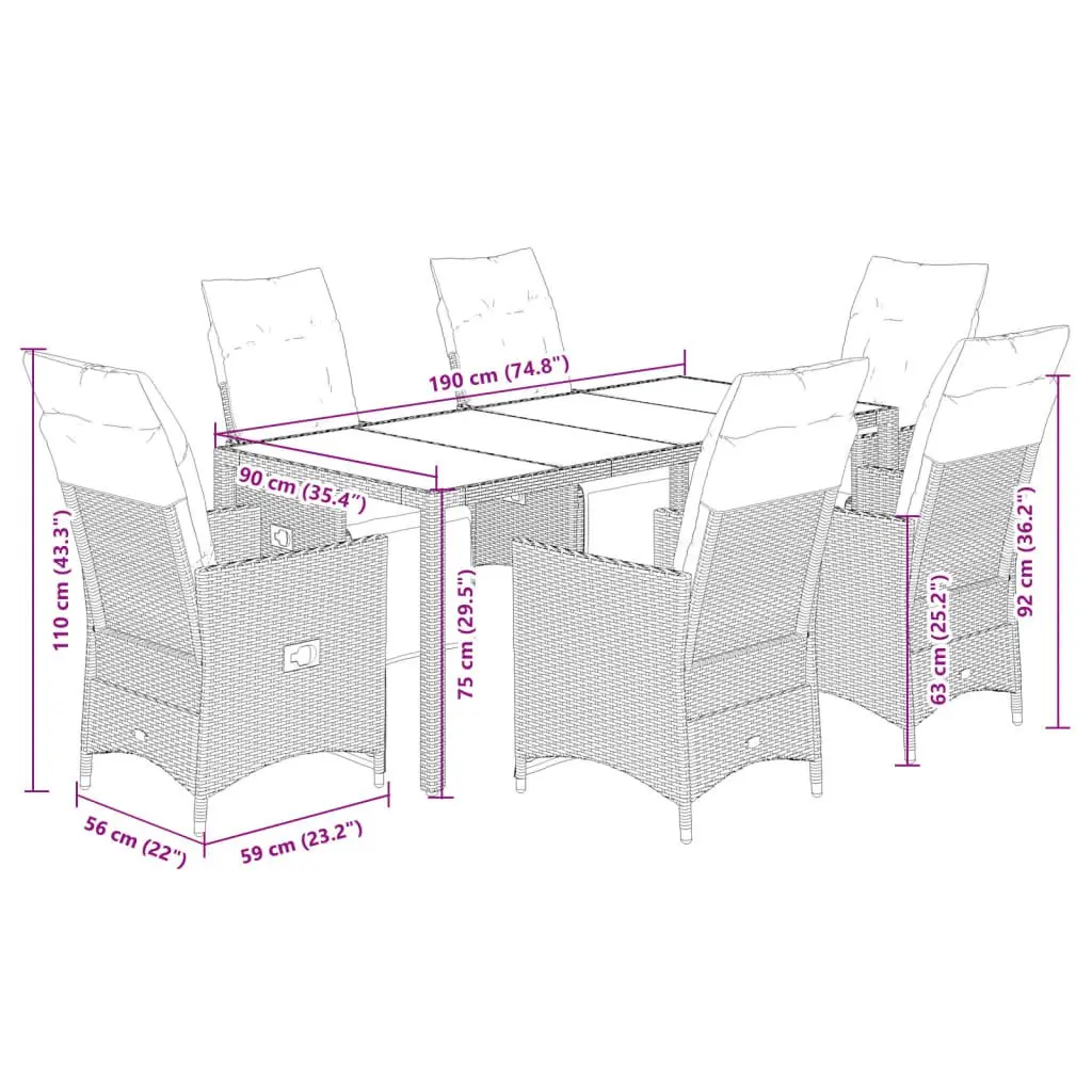 Garden Bistro Set 7 Piece Outdoor Furniture with Cushions Grey Poly Rattan