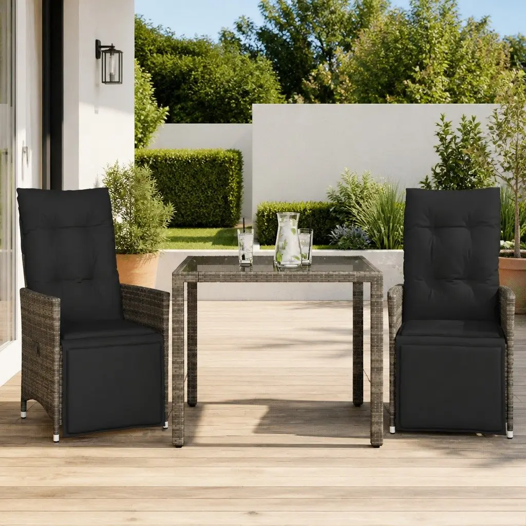 Garden Bistro Set 3 Piece Outdoor Furniture with Cushions Adjustable Grey