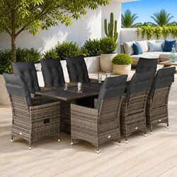 Garden Bistro Set 9 Piece Outdoor Furniture Grey Poly Rattan with Cushions