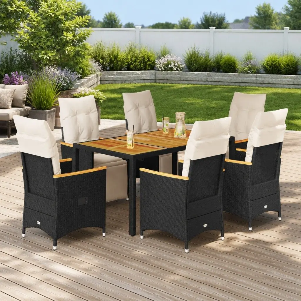 7 Piece Garden Bistro Set Black PE Rattan with Cushions Acacia Wood Table Top