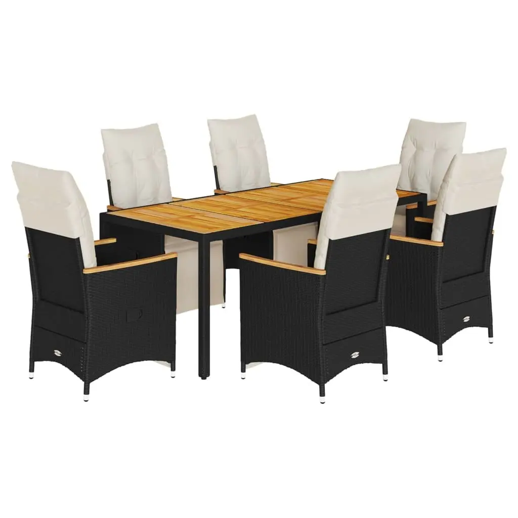 Outdoor Bistro Furniture Set Black 7 Piece Rattan Dining Table and Chairs with Cushions