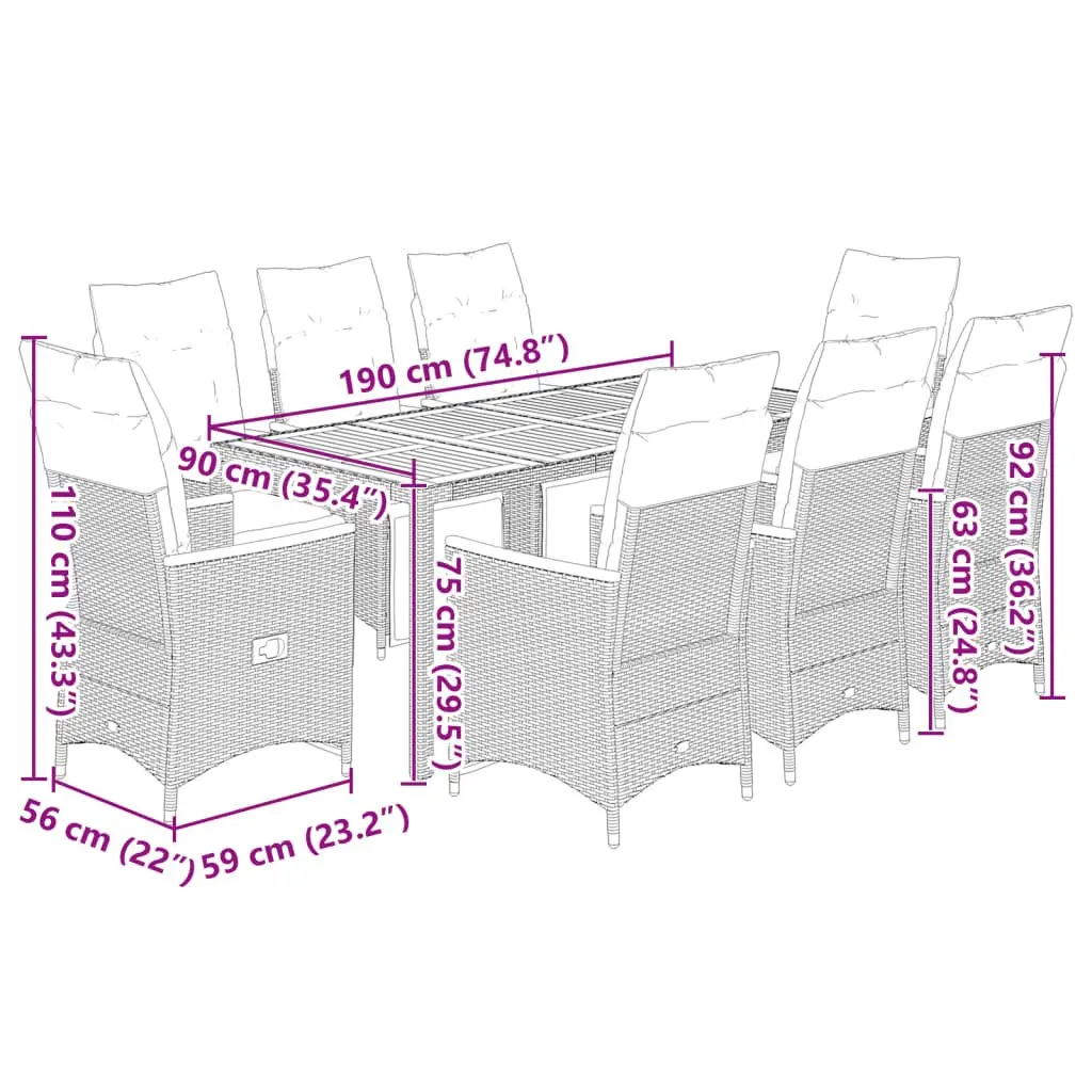9 Piece Garden Bistro Set Outdoor Furniture Patio Dining Chair Table Cushions