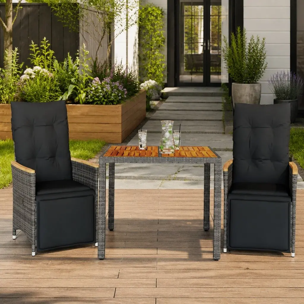 Bistro Set Grey 3 Piece Outdoor Furniture Poly Rattan with Cushions