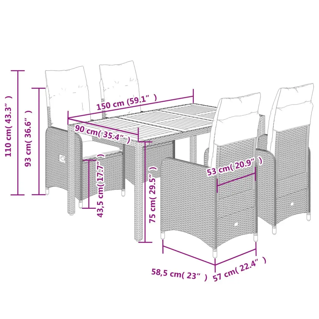 5 Piece Garden Bistro Set Black Poly Rattan Outdoor Furniture with Cushions Adjustable Backrests Acacia Wood Tabletop