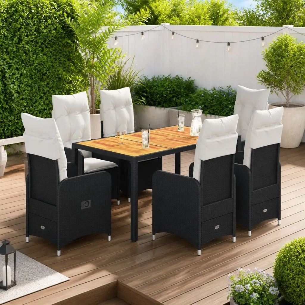 7 Piece Garden Bistro Set Black Poly Rattan Outdoor Furniture Adjustable Backrest Cushions