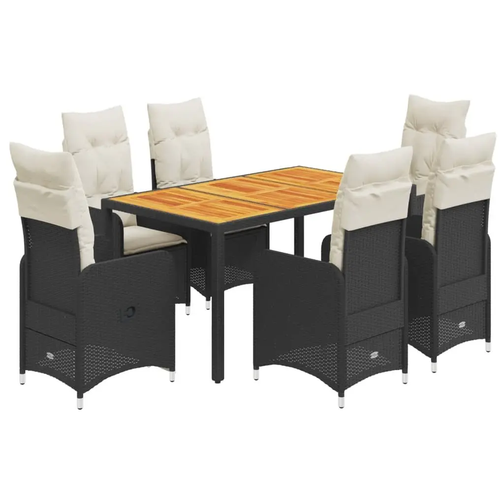 7 Piece Garden Bistro Set Black Poly Rattan Outdoor Furniture Adjustable Backrest Cushions