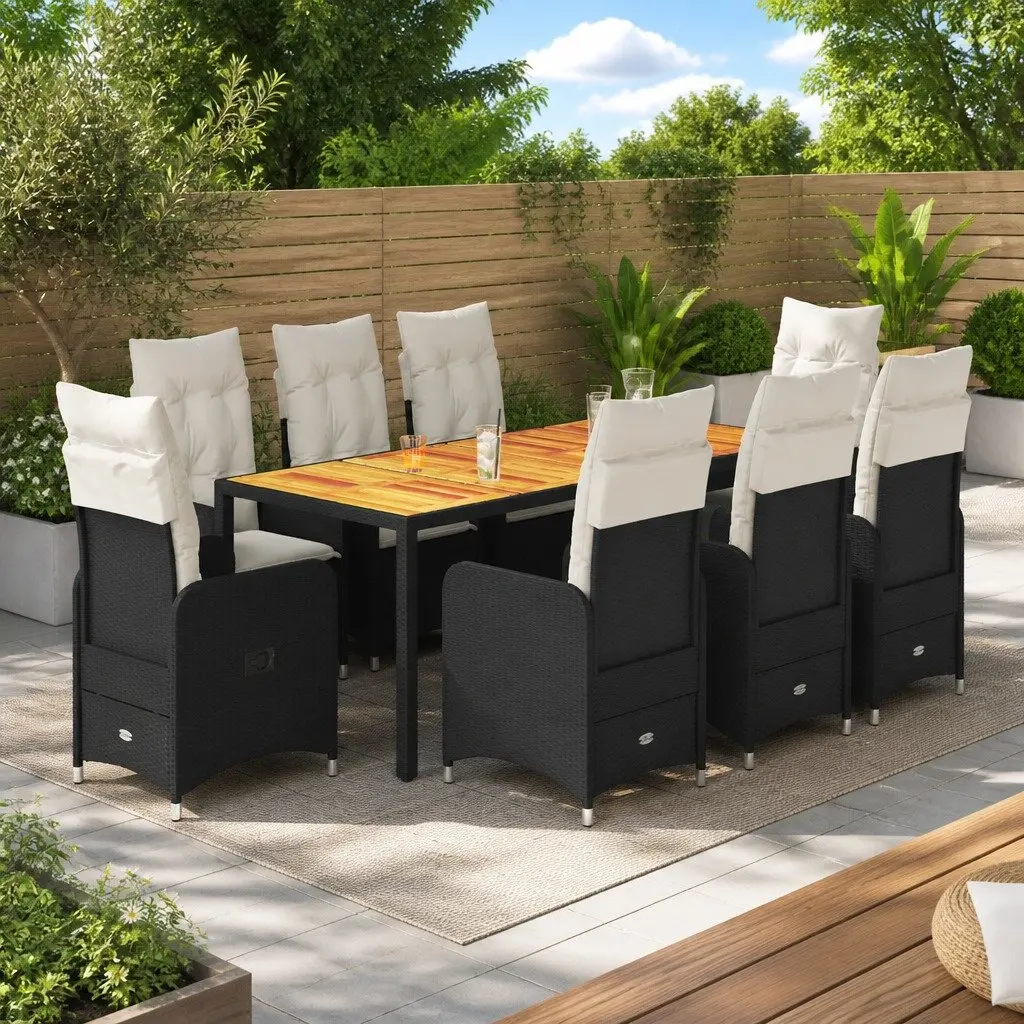 Bistro Set Black 9 Piece Outdoor Furniture PE Rattan Chairs Table Adjustable Backrest Padded Cushions