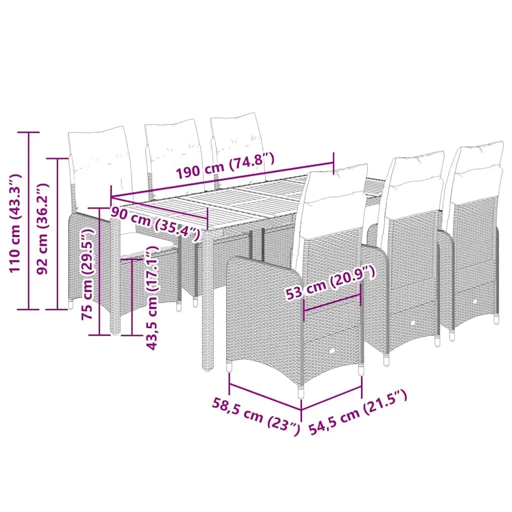 Bistro Set Black 9 Piece Outdoor Furniture PE Rattan Chairs Table Adjustable Backrest Padded Cushions