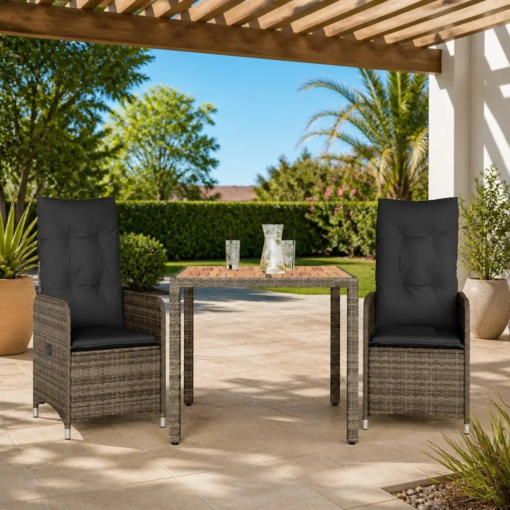Garden Bistro Set 3 Piece Outdoor Furniture Grey Poly Rattan with Cushions