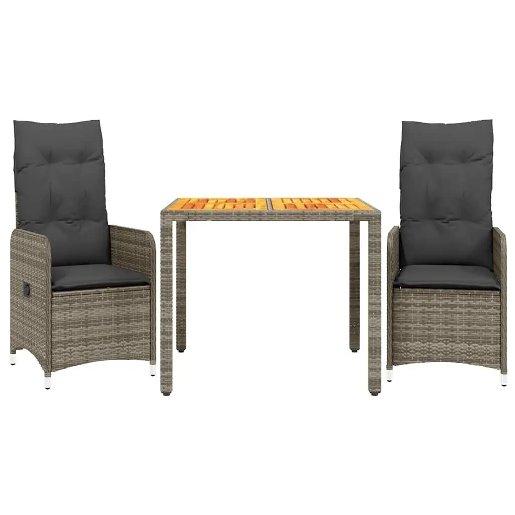 Garden Bistro Set 3 Piece Outdoor Furniture Grey Poly Rattan with Cushions