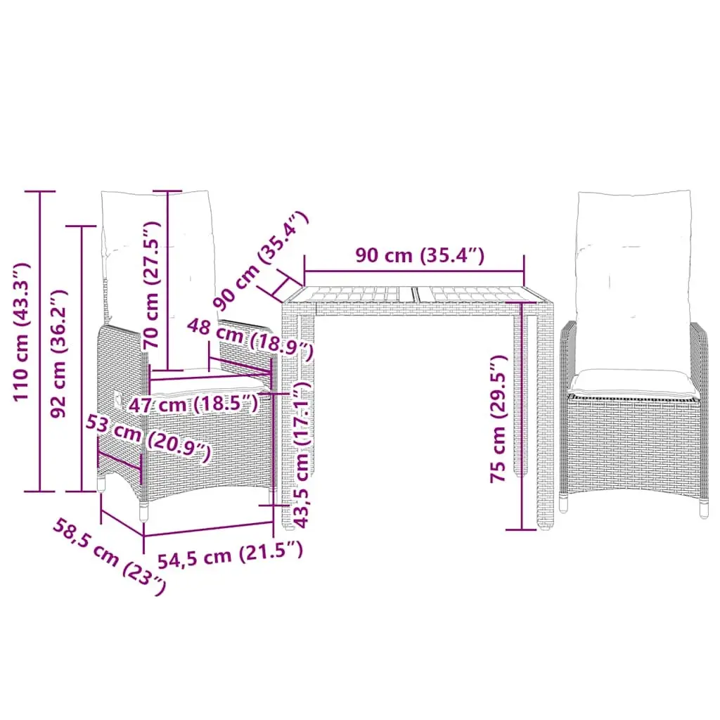 Garden Bistro Set 3 Piece Outdoor Furniture Grey Poly Rattan with Cushions