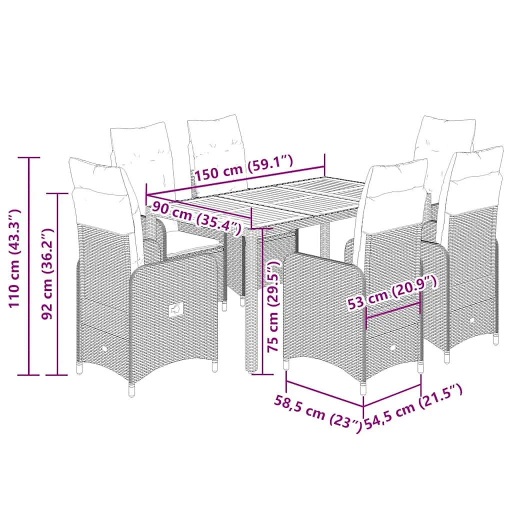 Garden Bistro Set 7 Piece Grey Poly Rattan Outdoor Furniture with Cushions