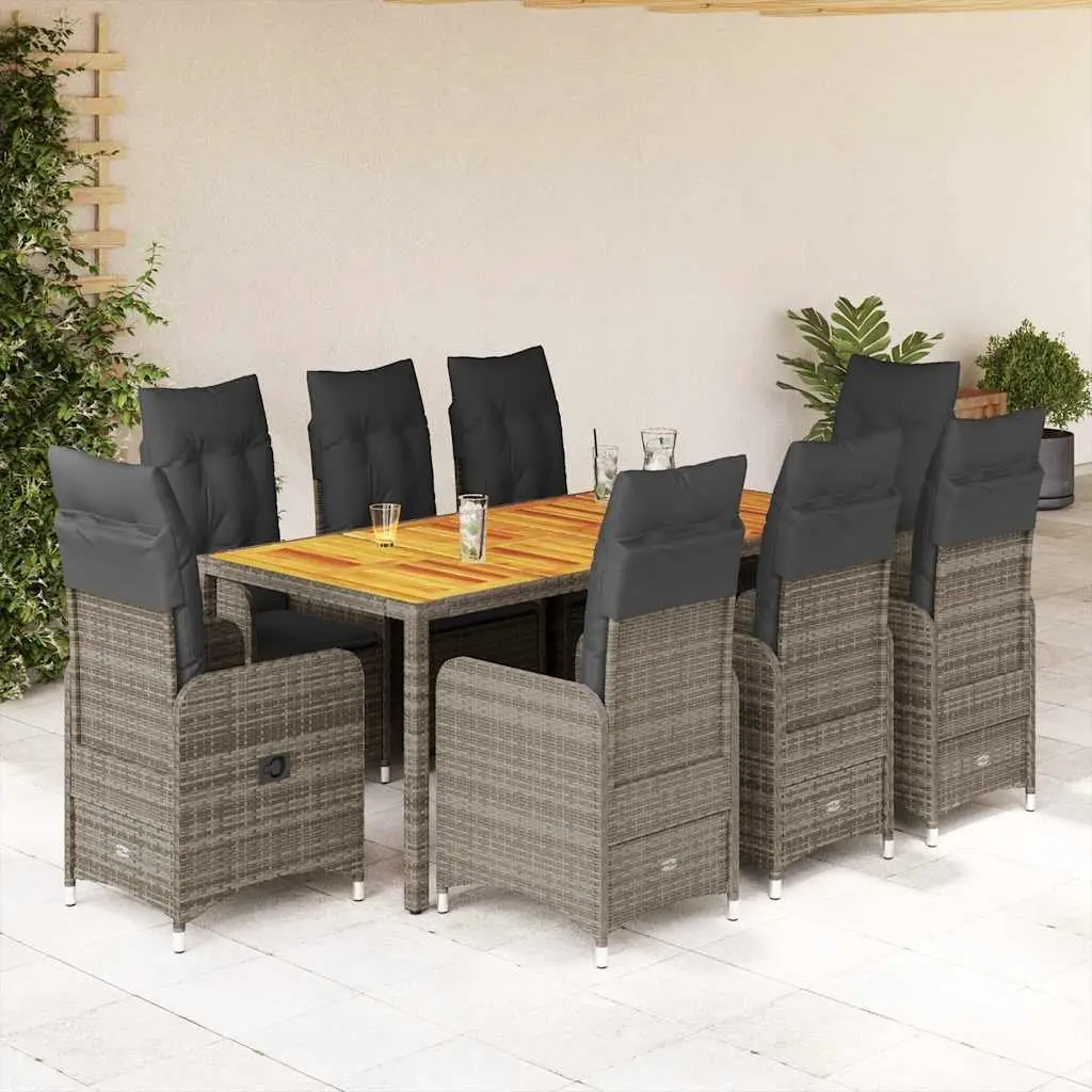 9 Piece Garden Bistro Set Grey Poly Rattan Cushions Adjustable Backrest
