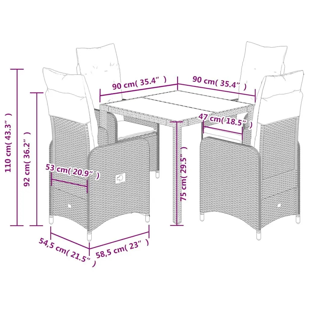 Garden Bistro Set 5 Piece Outdoor Furniture Grey Poly Rattan Adjustable Backrest