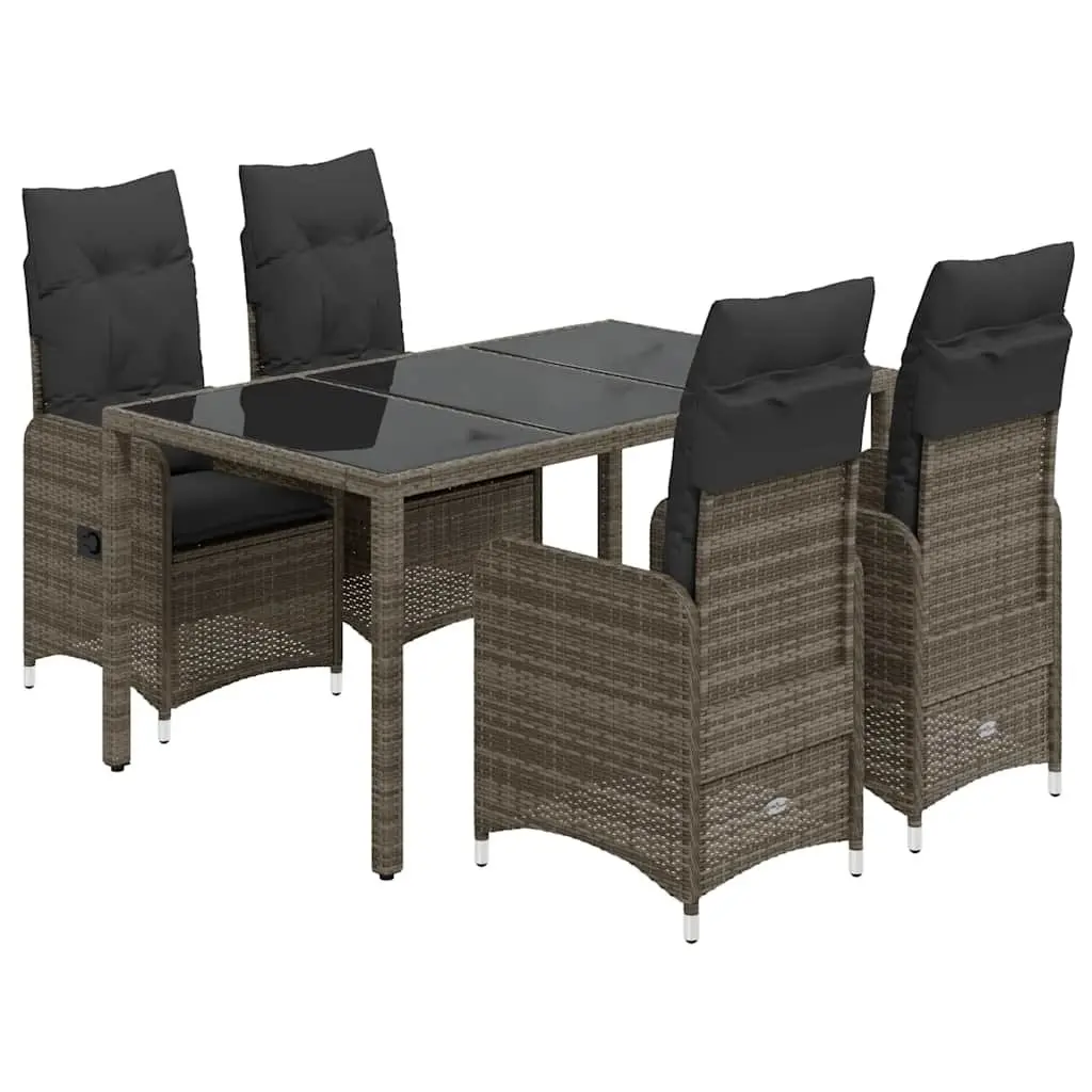 Outdoor Bistro Set Grey 5 Piece Adjustable Backrest Cushions Poly Rattan
