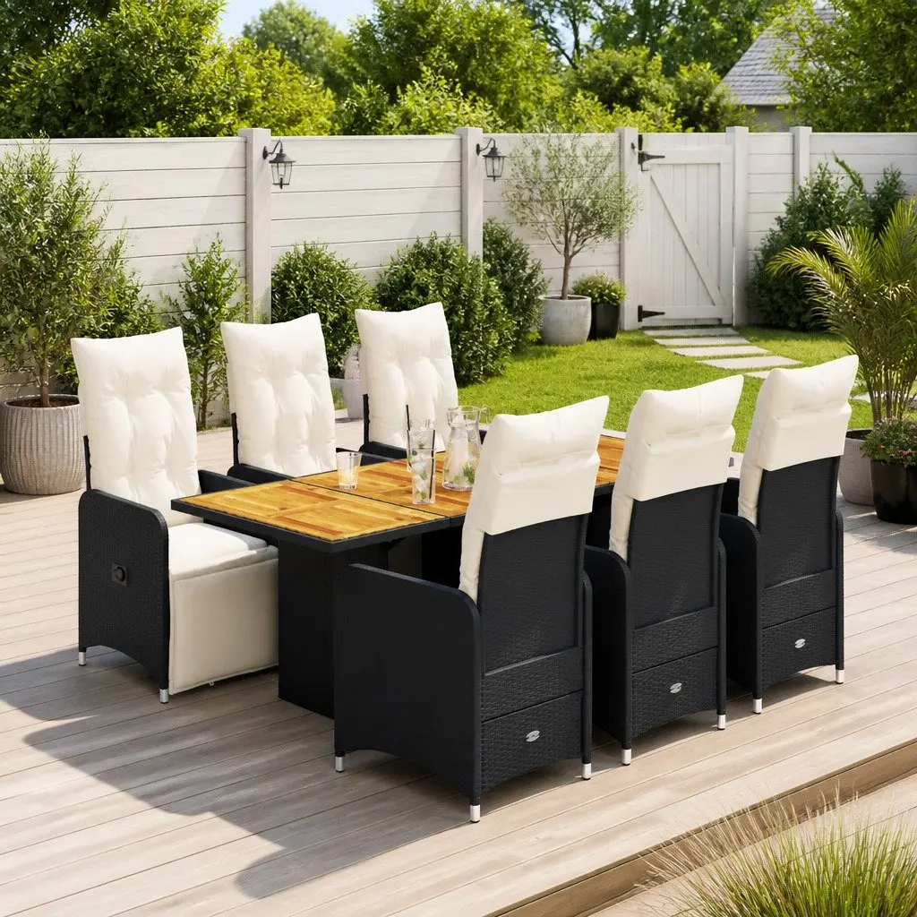 7 Piece Garden Bistro Set Black Rattan Cushions Adjustable Backrest Acacia Wood Table