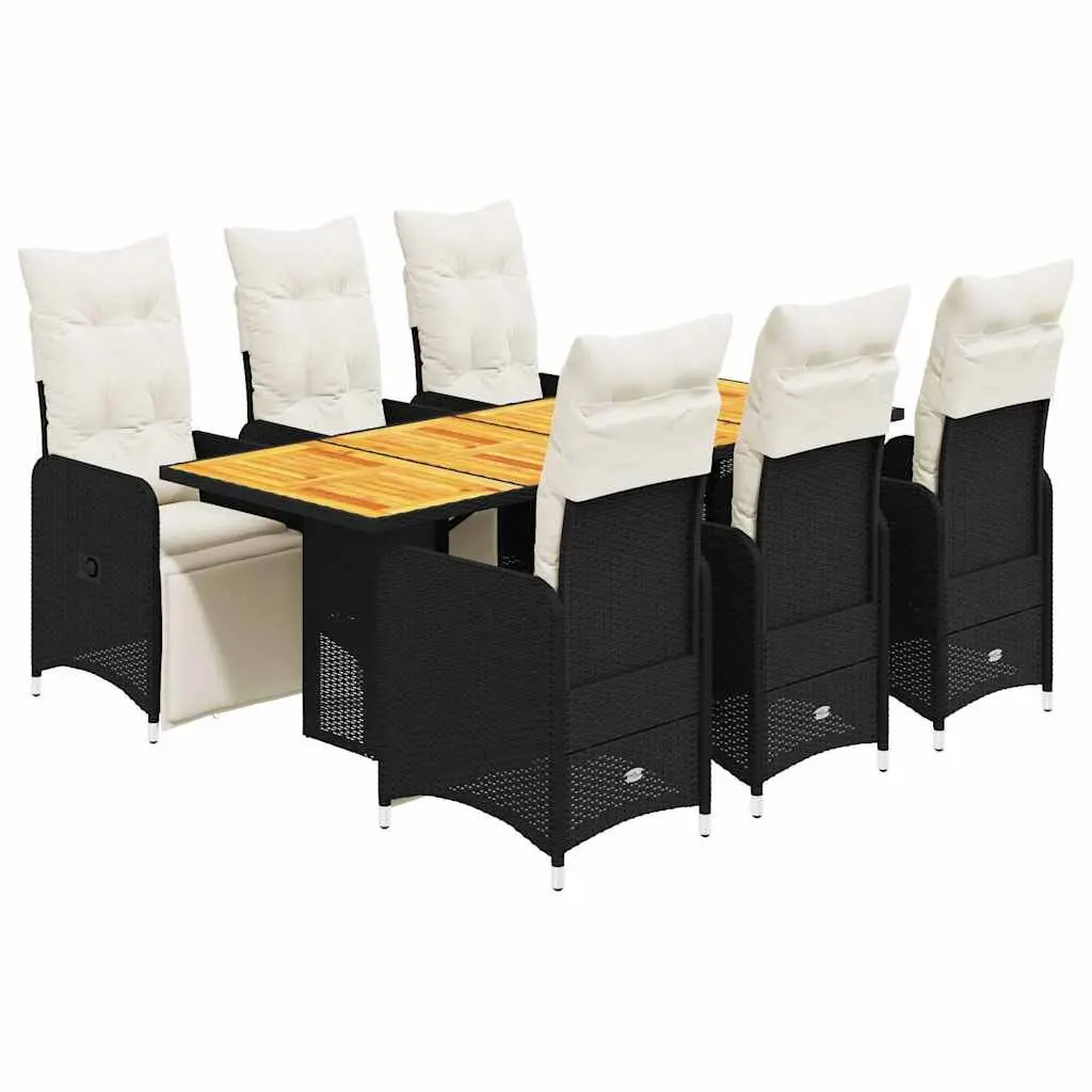 7 Piece Garden Bistro Set Black Rattan Cushions Adjustable Backrest Acacia Wood Table