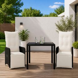 3 Piece Garden Bistro Set with Cushions Black Poly Rattan Outdoor Furniture