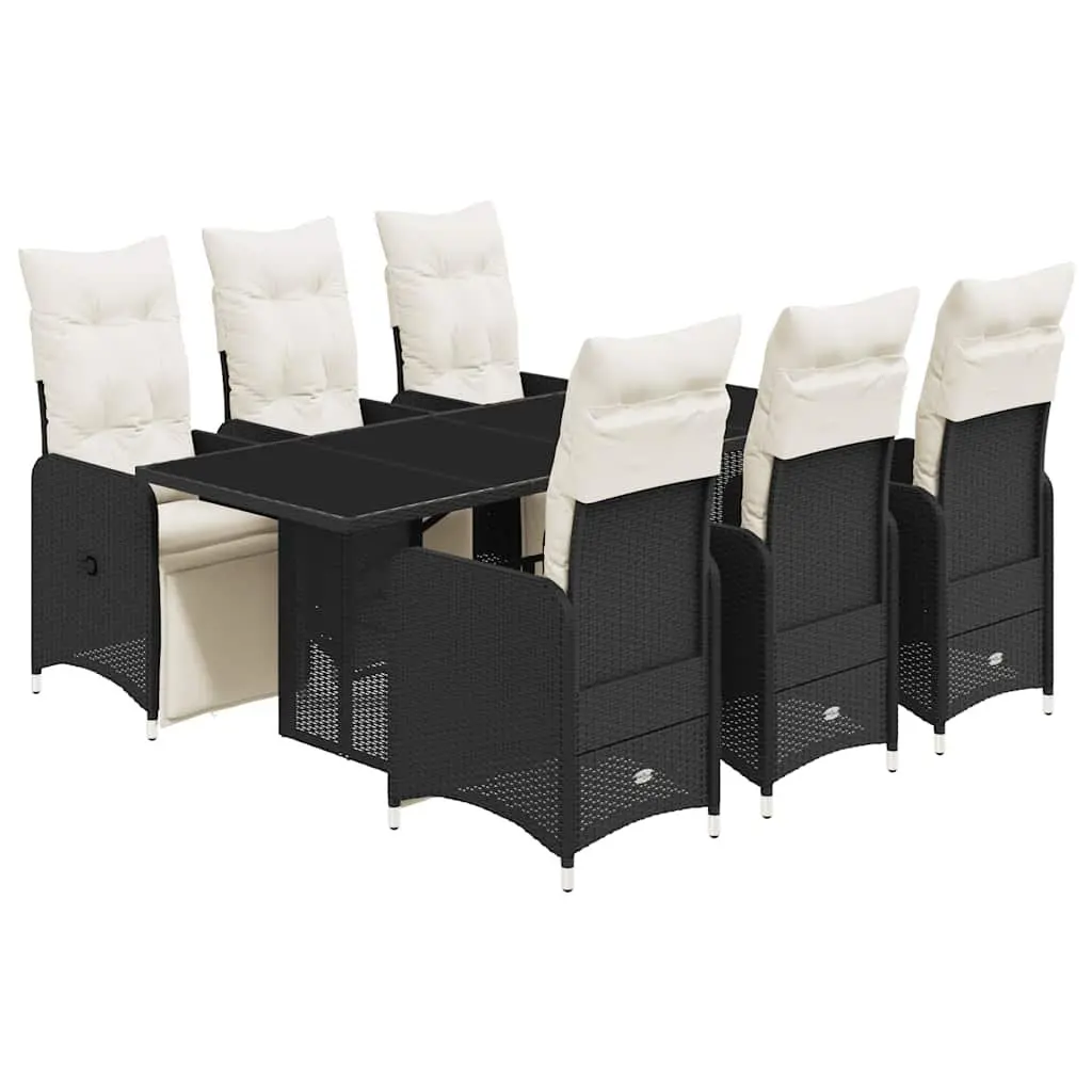 7 Piece Outdoor Bistro Set Black Poly Rattan Furniture with Cushions