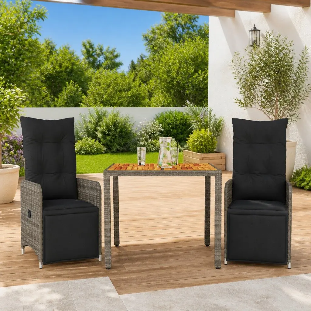 3 Piece Garden Bistro Set Grey Poly Rattan with Cushions Adjustable Backrest and Footrest