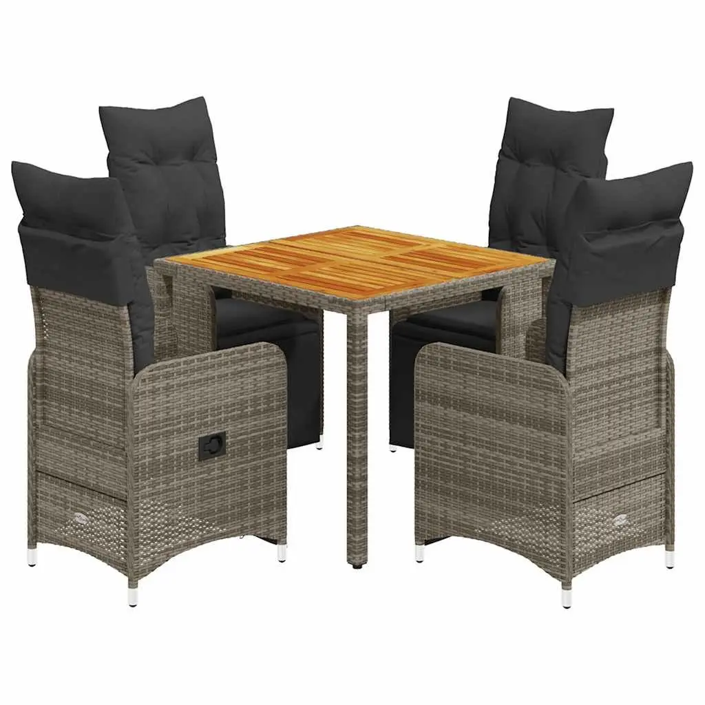 5 Piece Garden Bistro Set Grey Adjustable Chairs PE Rattan Acacia Wood Table