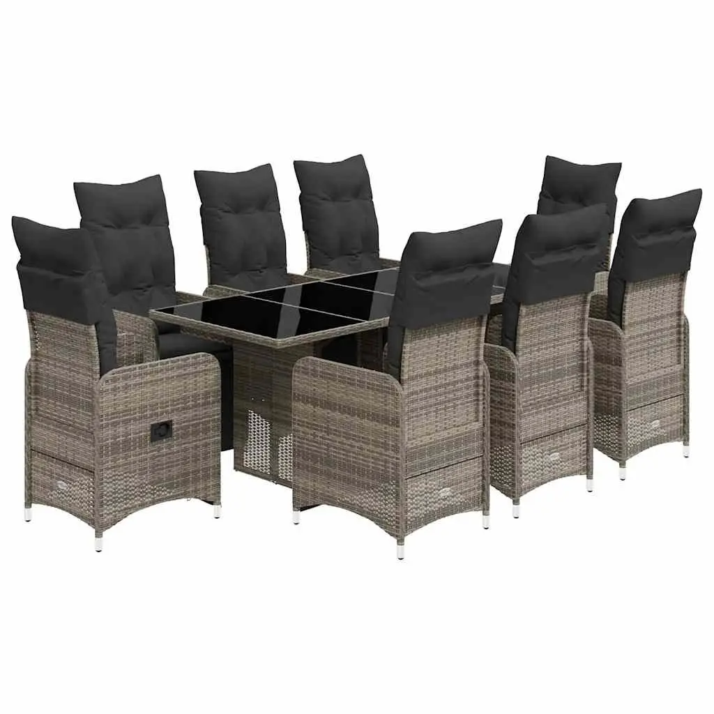 Garden Bistro Set Grey 9 Piece Outdoor Furniture Poly Rattan with Cushions