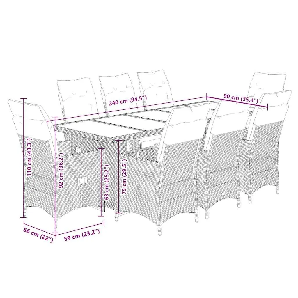 Bistro Set Black 9 Piece Outdoor Furniture Poly Rattan with Cushions