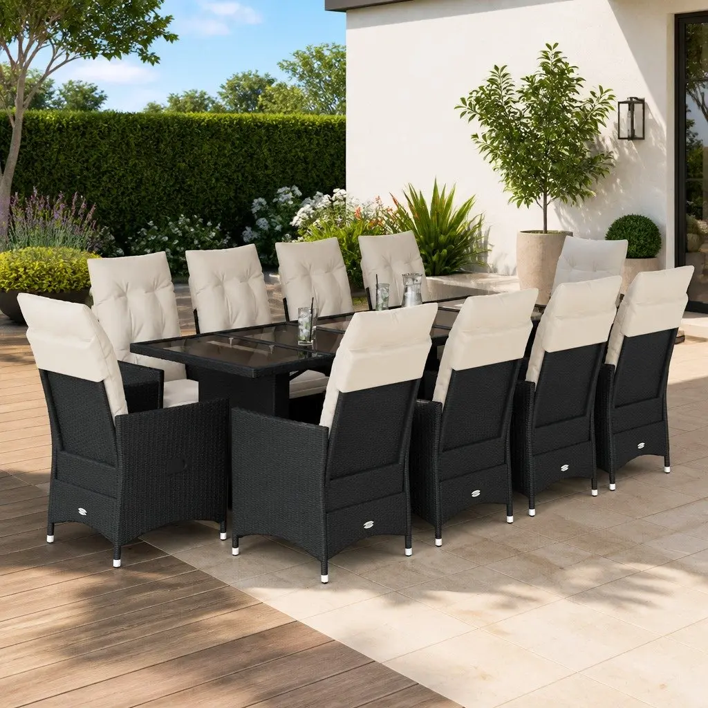 Garden Bistro Set 11 Piece Outdoor Furniture Black Poly Rattan with Cushions