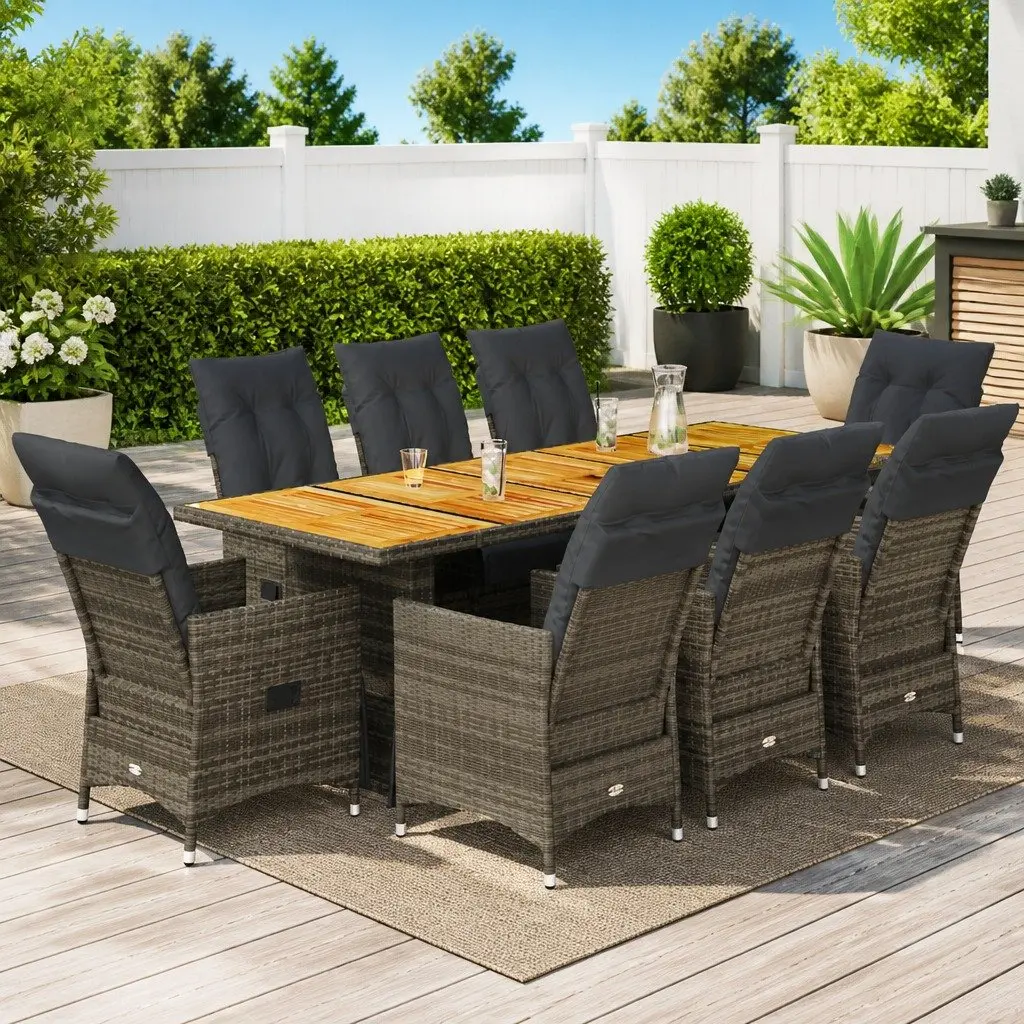 Outdoor Bistro Set Grey 9 Piece Poly Rattan Cushions Adjustable Backrest and Footrest