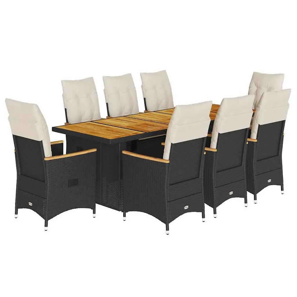 Garden Bistro Set 9 Piece Outdoor Furniture Black Poly Rattan with Cushions