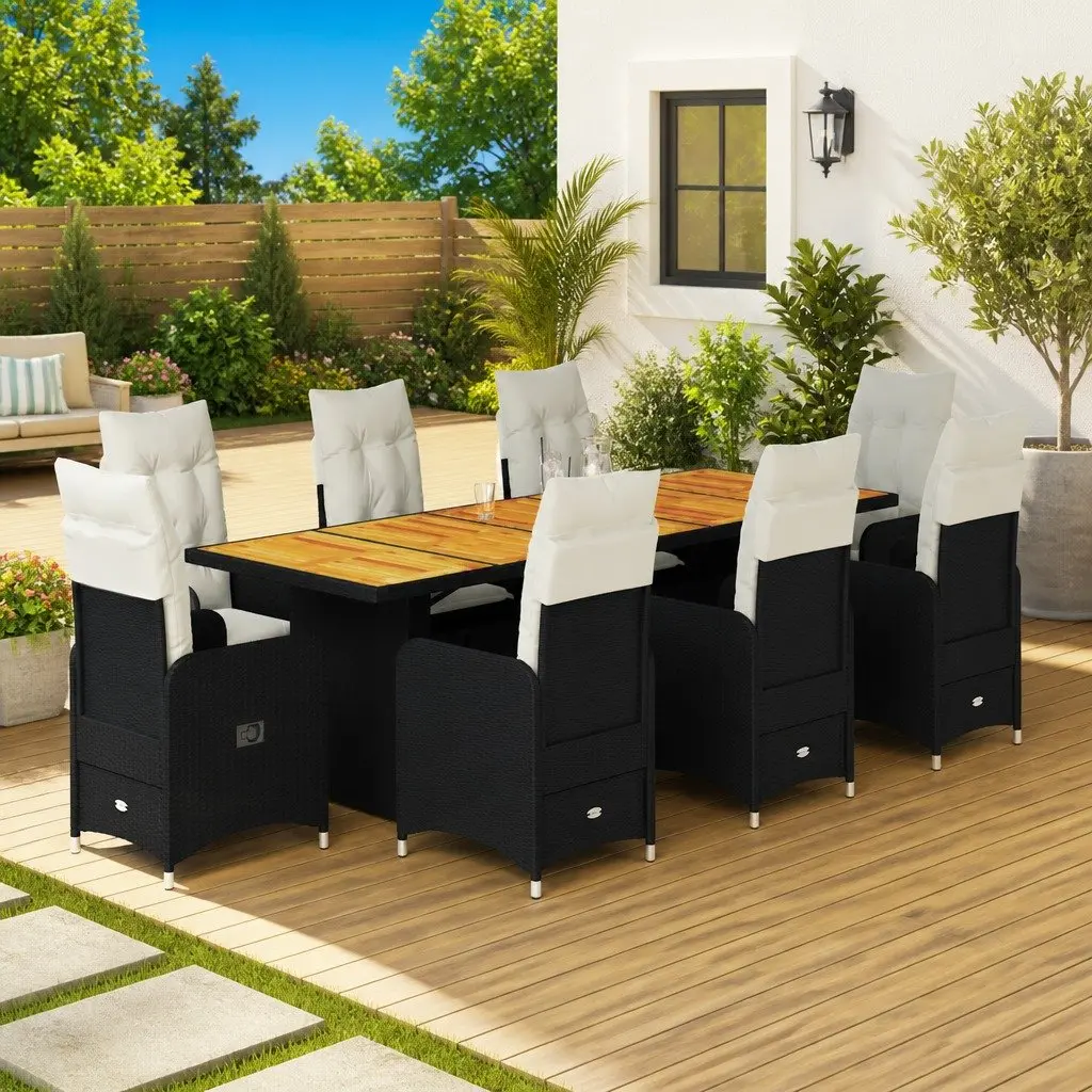 Garden Bistro Furniture Set Black 9 Piece Outdoor Dining Chairs Table Cushions Adjustable Backrest