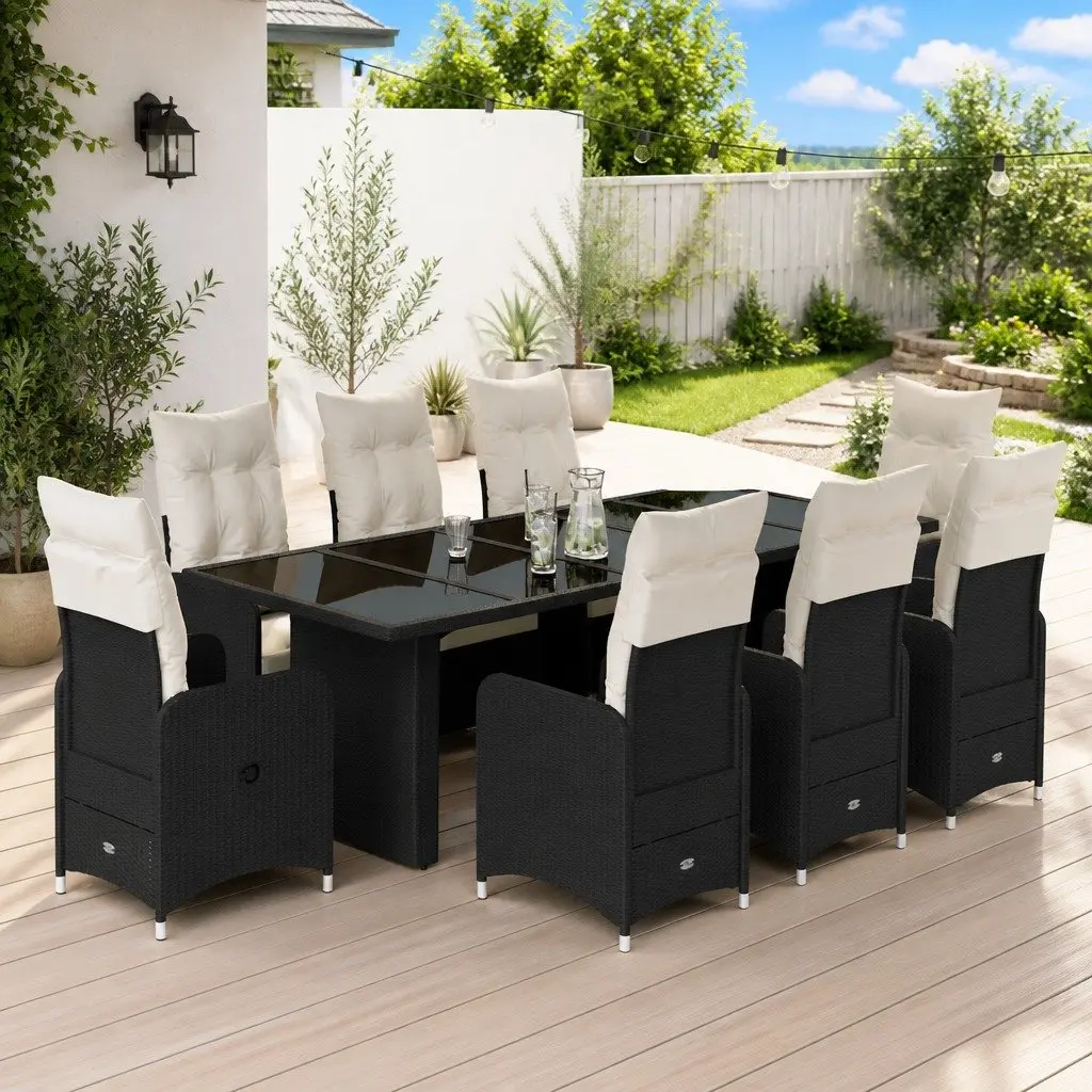 Garden Bistro Set Black 9 Piece Outdoor Furniture Poly Rattan with Cushions