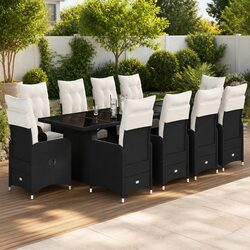 11 Piece Garden Bistro Set Outdoor Furniture with Cushions Black Poly Rattan