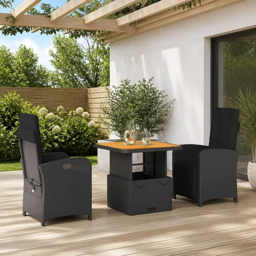 Garden Dining Set Black 3 Piece Adjustable Backrest Cushioned Seats Lift-Top Table