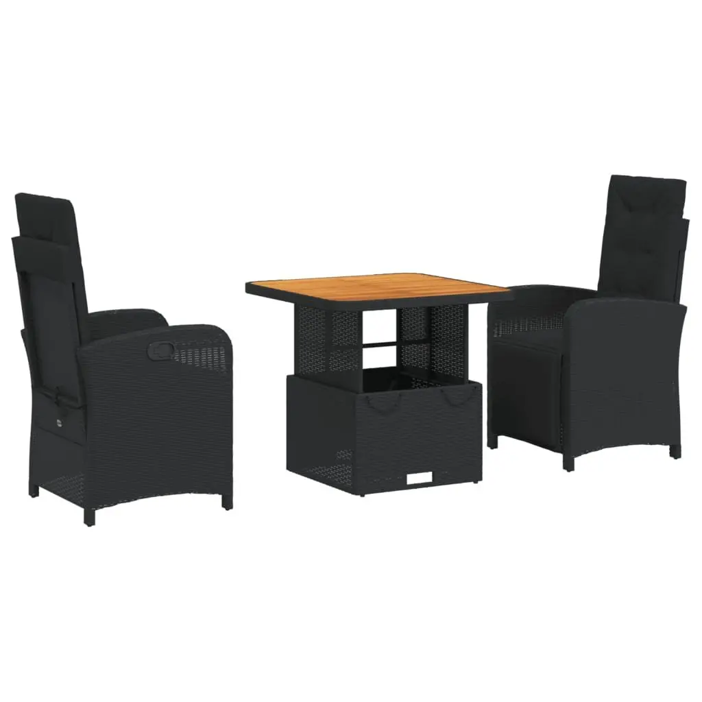 Garden Dining Set Black 3 Piece Adjustable Backrest Cushioned Seats Lift-Top Table