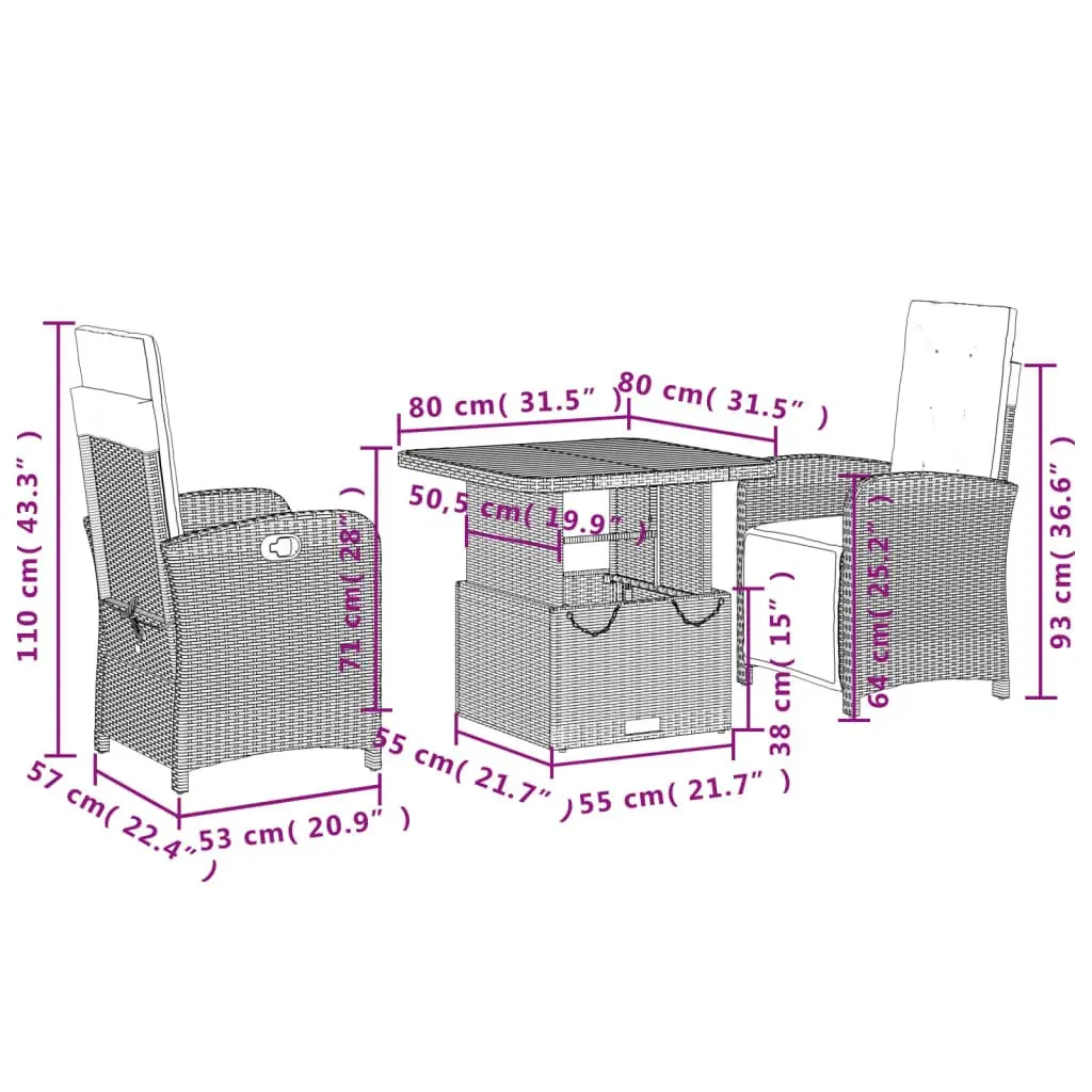 Garden Dining Set Black 3 Piece Adjustable Backrest Cushioned Seats Lift-Top Table