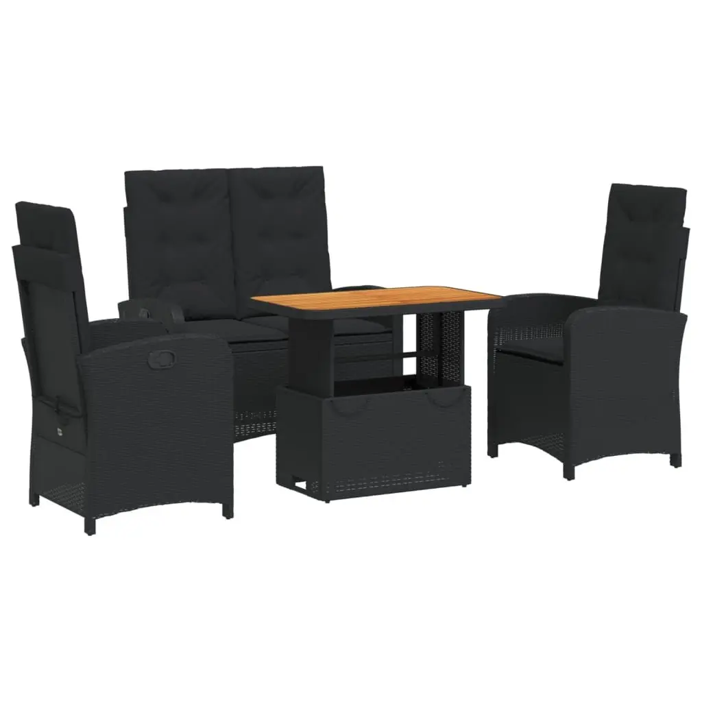 Outdoor Dining Set Black PE Rattan with Cushions 4 Piece Adjustable Backrest and Lift-Top Table